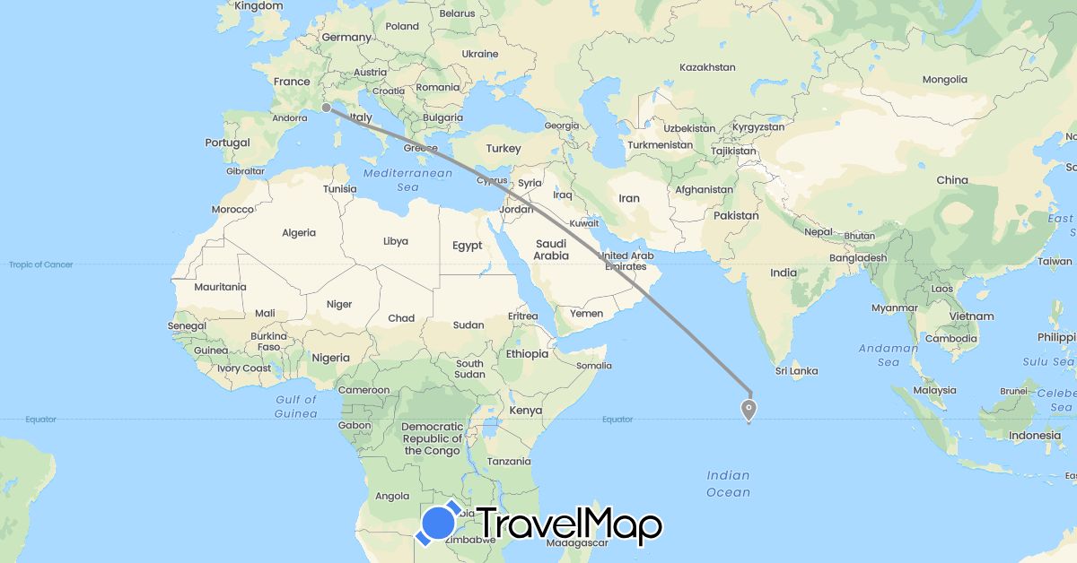 TravelMap itinerary: driving, plane in France, Italy, Maldives (Asia, Europe)